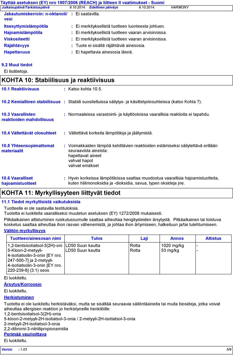 Ei hapettavia ainesosia läsnä. 9.2 Muut tiedot Ei lisätietoja. KOHTA 10 Stabiilisuus ja reaktiivisuus 10.1 Reaktiivisuus Katso kohta 10.5. 10.2 Kemiallinen stabiilisuus Stabiili suositelluissa säilytys ja käsittelyolosuhteissa (katso Kohta 7).