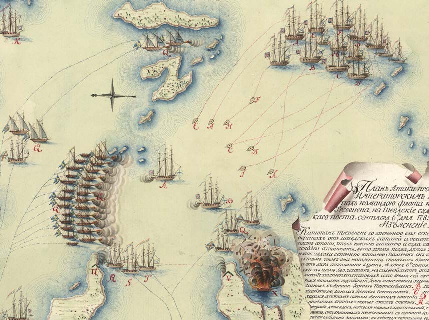 Kuva 3. Asemakartta venäläiseskadeerin hyökkäyksestä Barösundiin. Linja-laiva Severnyj Oriel (Pohjoinen Kotka) on ajautunut karille (A) ja ruotsalainen Värmland-kaleeri on sytytetty palamaan (X).