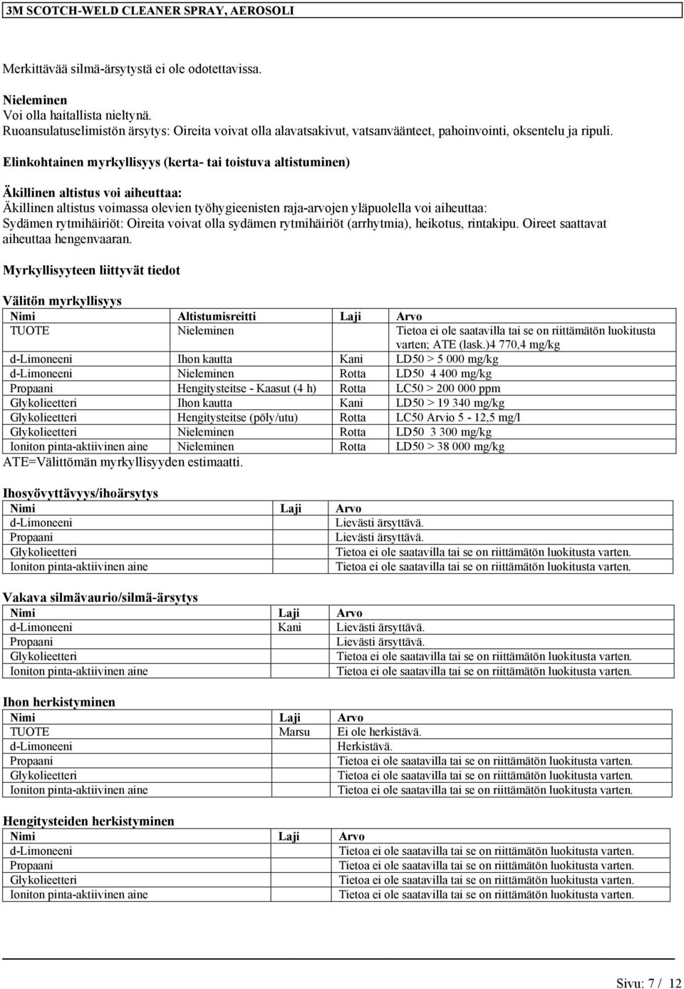 Elinkohtainen myrkyllisyys (kerta- tai toistuva altistuminen) Äkillinen altistus voi aiheuttaa: Äkillinen altistus voimassa olevien työhygieenisten raja-arvojen yläpuolella voi aiheuttaa: Sydämen