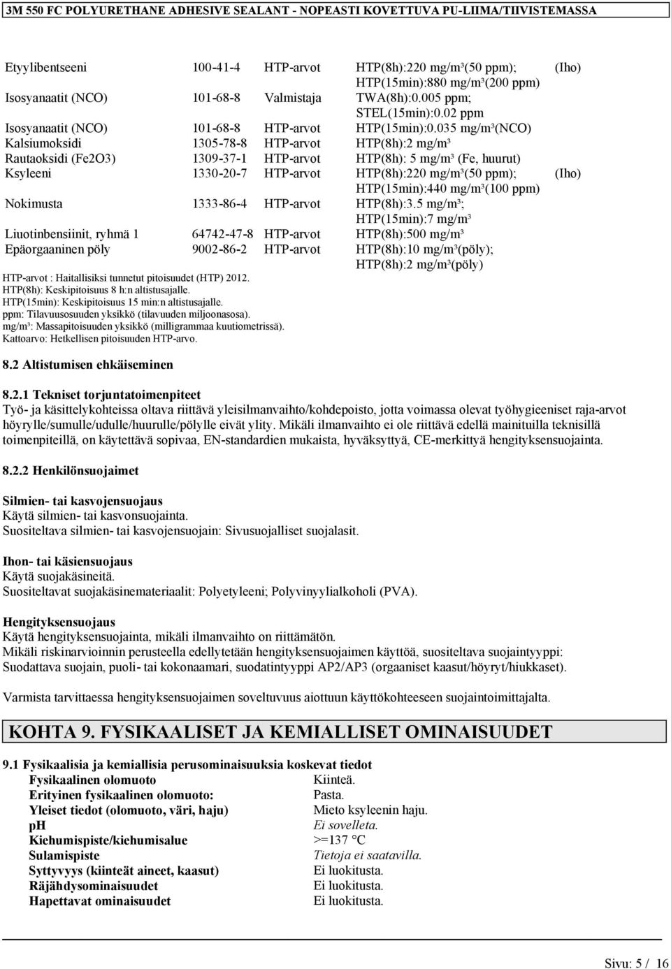 035 mg/m³(nco) Kalsiumoksidi 1305-78-8 HTP-arvot HTP(8h):2 mg/m³ Rautaoksidi (Fe2O3) 1309-37-1 HTP-arvot HTP(8h): 5 mg/m³ (Fe, huurut) Ksyleeni 1330-20-7 HTP-arvot HTP(8h):220 mg/m³(50 ppm);
