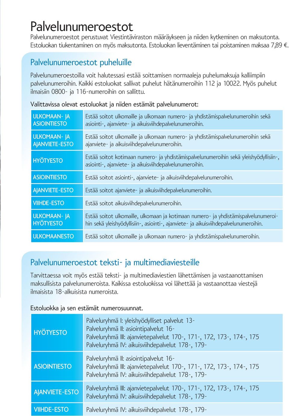 Kaikki estoluokat sallivat puhelut hätänumeroihin 112 ja 10022. Myös puhelut ilmaisiin 0800- ja 116-numeroihin on sallittu.