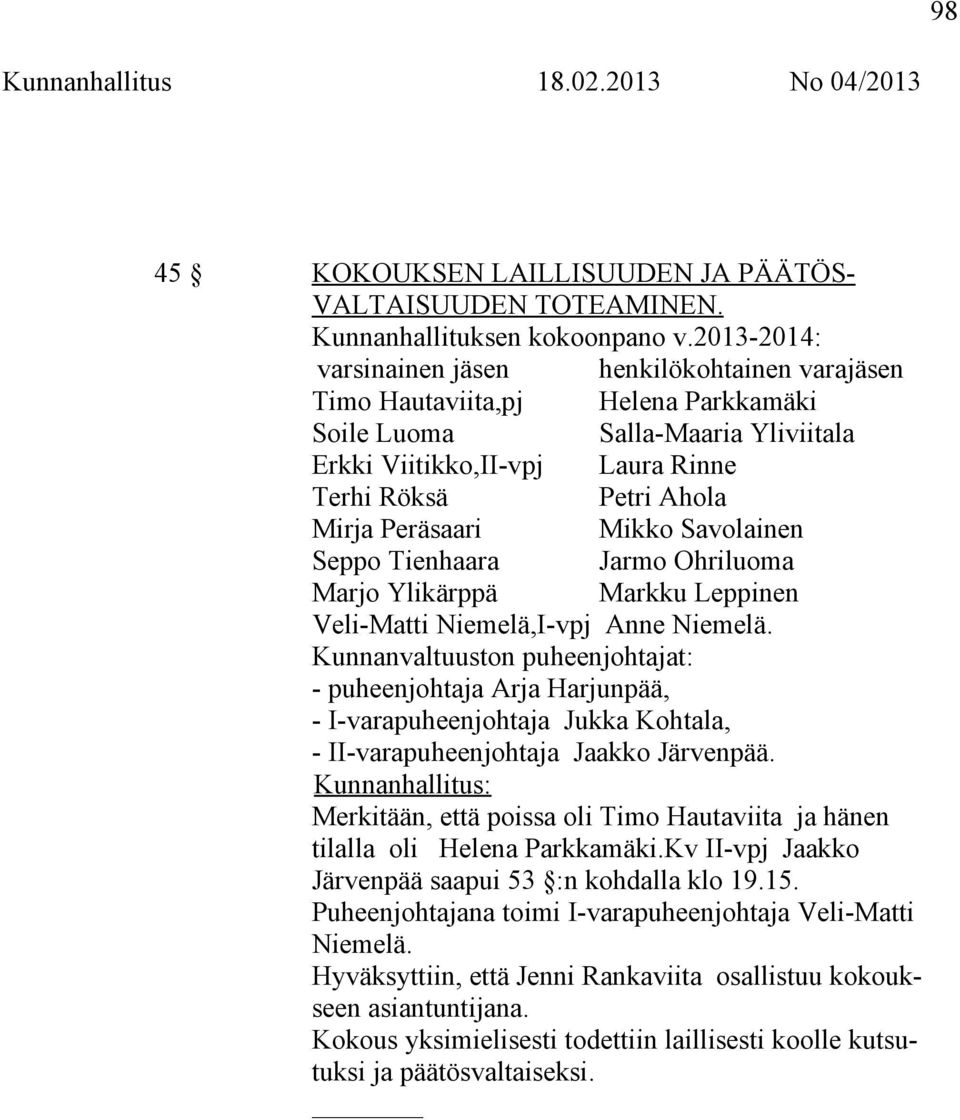 Peräsaari Mikko Savolainen Seppo Tienhaara Jarmo Ohriluoma Marjo Ylikärppä Markku Leppinen Veli-Matti Niemelä,I-vpj Anne Niemelä.