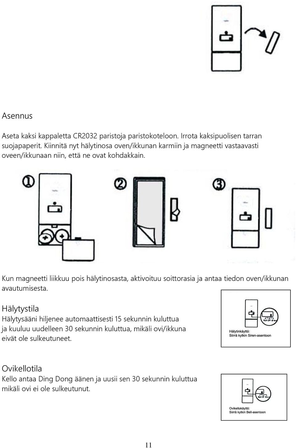 Kun magneetti liikkuu pois hälytinosasta, aktivoituu soittorasia ja antaa tiedon oven/ikkunan avautumisesta.