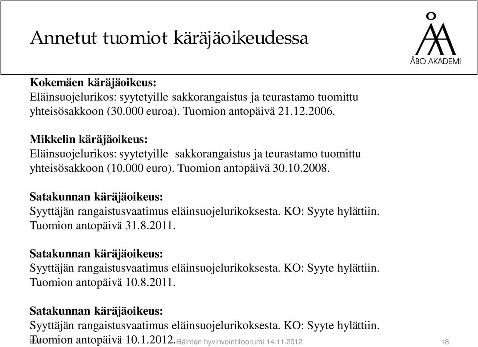 Satakunnan käräjäoikeus: Syyttäjän rangaistusvaatimus eläinsuojelurikoksesta. KO: Syyte hylättiin. Tuomion antopäivä 31.8.2011.
