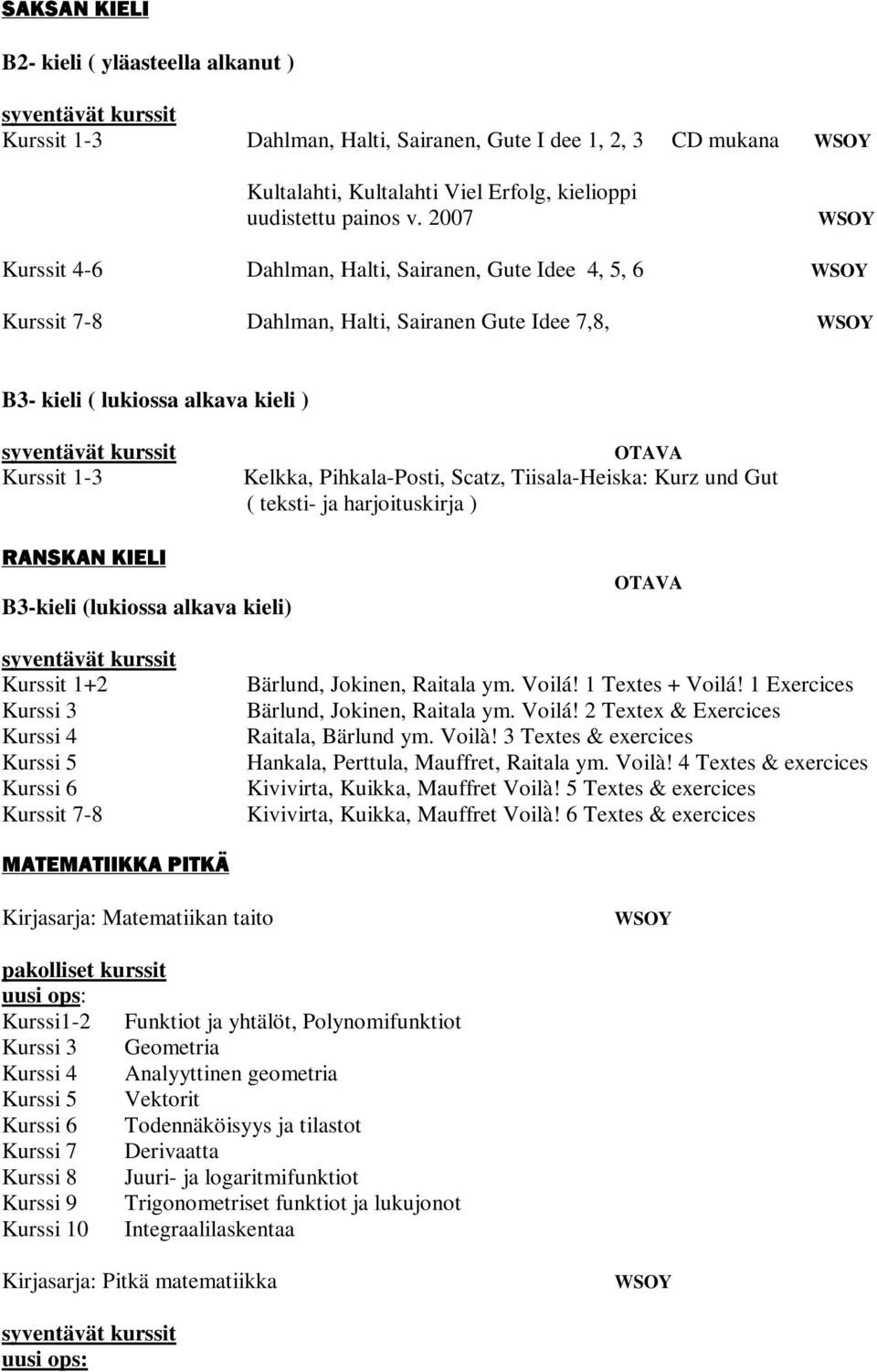 Tiisala-Heiska: Kurz und Gut ( teksti- ja harjoituskirja ) RANSKAN KIELI B3-kieli (lukiossa alkava kieli) Kurssit 1+2 Kurssit 7-8 Bärlund, Jokinen, Raitala ym. Voilá! 1 Textes + Voilá!