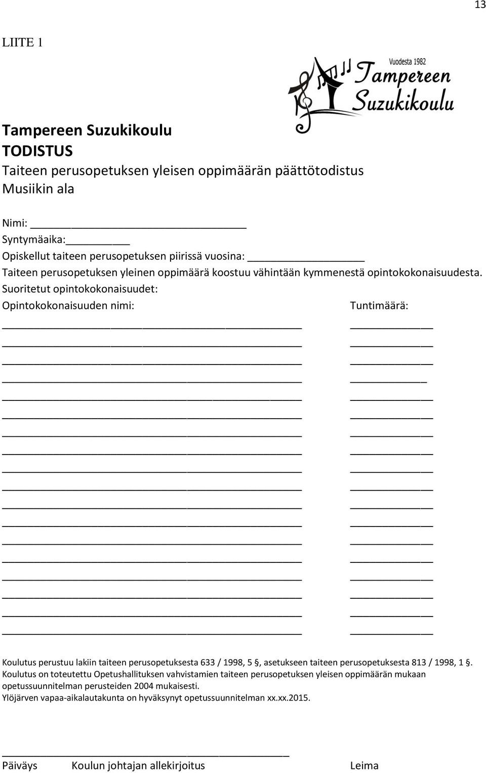 Suoritetut opintokokonaisuudet: Opintokokonaisuuden nimi: Tuntimäärä: Koulutus perustuu lakiin taiteen perusopetuksesta 633 / 1998, 5, asetukseen taiteen perusopetuksesta 813 / 1998,