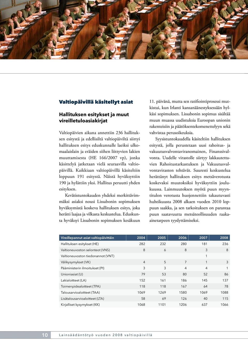 Kaikkiaan valtiopäivillä käsiteltiin loppuun 191 esitystä. Näistä hyväksyttiin 190 ja hylättiin yksi. Hallitus peruutti yhden esityksen.