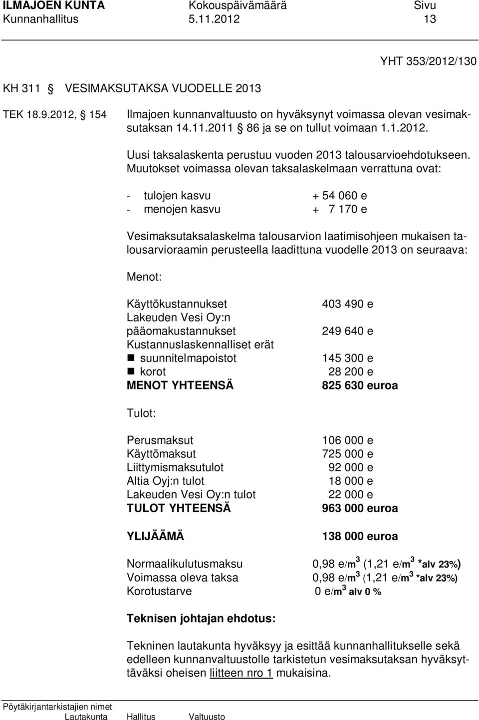 Muutokset voimassa olevan taksalaskelmaan verrattuna ovat: - tulojen kasvu + 54 060 e - menojen kasvu + 7 170 e Vesimaksutaksalaskelma talousarvion laatimisohjeen mukaisen talousarvioraamin