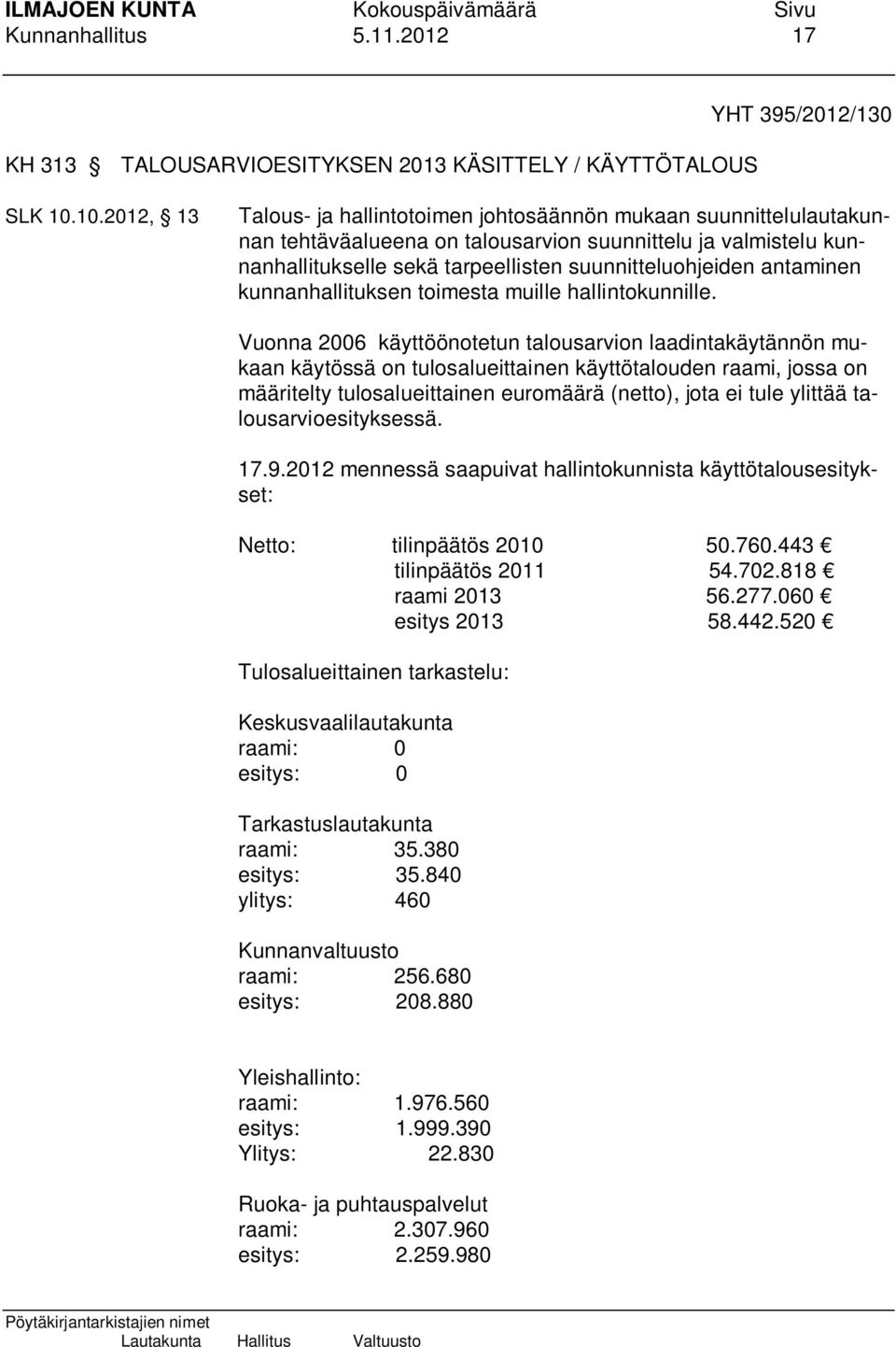 antaminen kunnanhallituksen toimesta muille hallintokunnille.