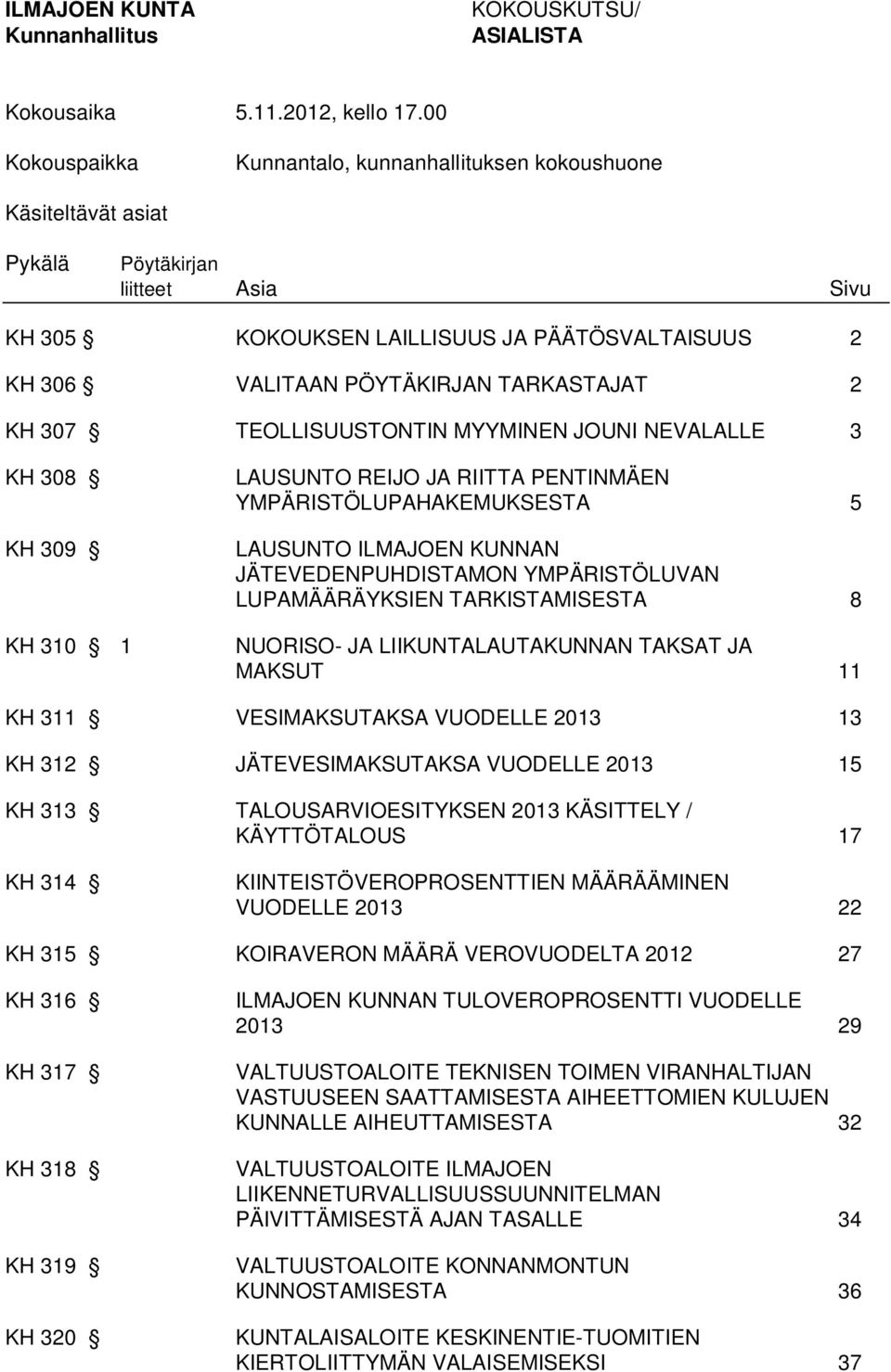 307 TEOLLISUUSTONTIN MYYMINEN JOUNI NEVALALLE 3 KH 308 KH 309 KH 310 1 LAUSUNTO REIJO JA RIITTA PENTINMÄEN YMPÄRISTÖLUPAHAKEMUKSESTA 5 LAUSUNTO ILMAJOEN KUNNAN JÄTEVEDENPUHDISTAMON YMPÄRISTÖLUVAN