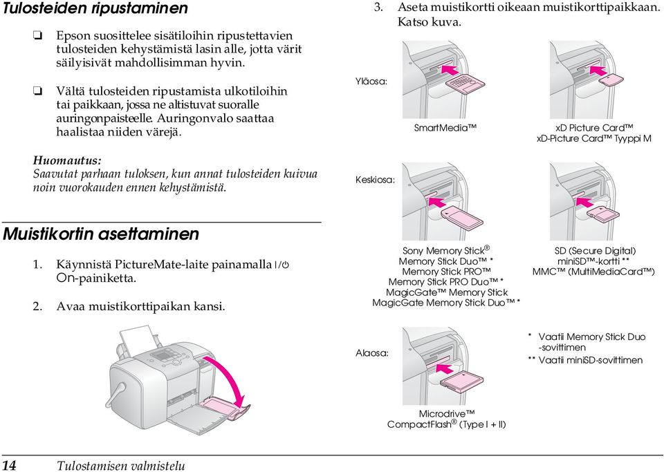 Huomautus: Saavutat parhaan tuloksen, kun annat tulosteiden kuivua noin vuorokauden ennen kehystämistä. Yläosa: 3. Aseta muistikortti oikeaan muistikorttipaikkaan. Katso kuva.