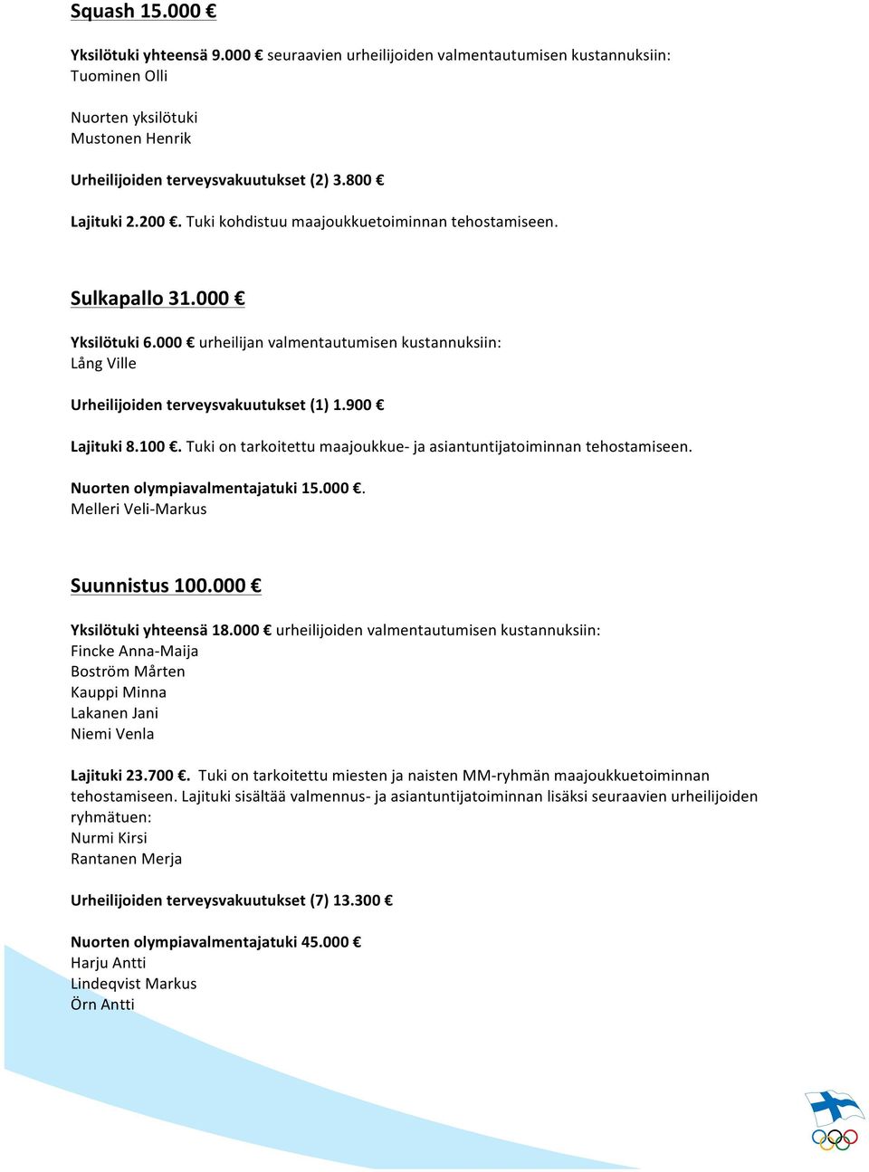 100. Tuki on tarkoitettu maajoukkue- ja asiantuntijatoiminnan tehostamiseen. Nuorten olympiavalmentajatuki 15.000. Melleri Veli- Markus Suunnistus 100.000 Yksilötuki yhteensä 18.