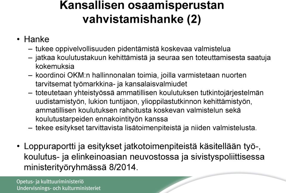 uudistamistyön, lukion tuntijaon, ylioppilastutkinnon kehittämistyön, ammatillisen koulutuksen rahoitusta koskevan valmistelun sekä koulutustarpeiden ennakointityön kanssa tekee esitykset