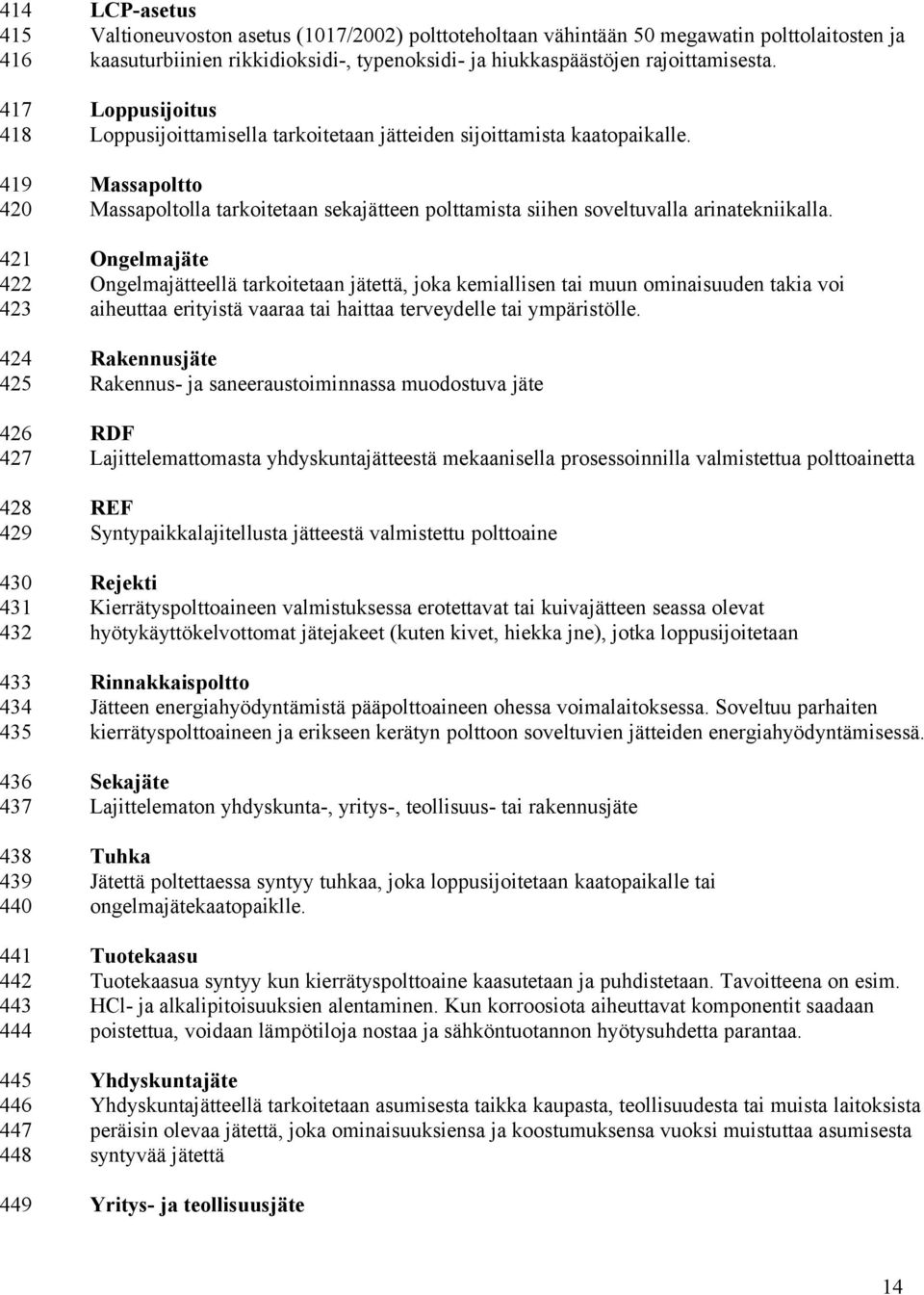 Loppusijoitus Loppusijoittamisella tarkoitetaan jätteiden sijoittamista kaatopaikalle. Massapoltto Massapoltolla tarkoitetaan sekajätteen polttamista siihen soveltuvalla arinatekniikalla.