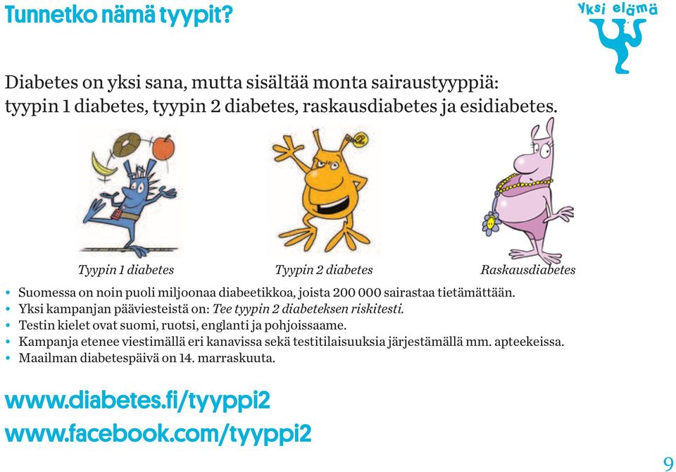 Yksi kampanjan pääviesteistä on: Tee tyypin 2 diabeteksen riskitesti. Testin kielet ovat suomi, ruotsi, englanti ja pohjoissaame.