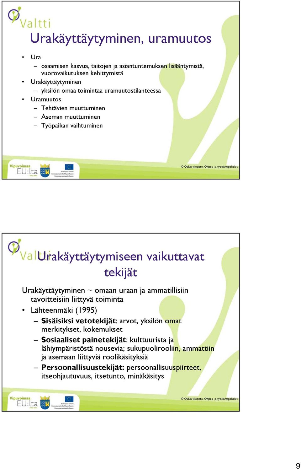 ammatillisiin tavoitteisiin liittyvä toiminta Lähteenmäki (1995) Sisäisiksi vetotekijät: arvot, yksilön omat merkitykset, kokemukset Sosiaaliset painetekijät: kulttuurista