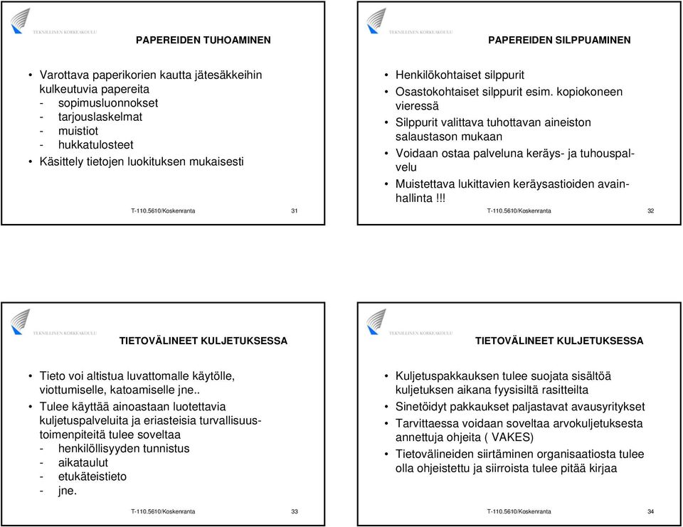 kopiokoneen vieressä Silppurit valittava tuhottavan aineiston salaustason mukaan Voidaan ostaa palveluna keräys- ja tuhouspalvelu Muistettava lukittavien keräysastioiden avainhallinta!!! T-110.