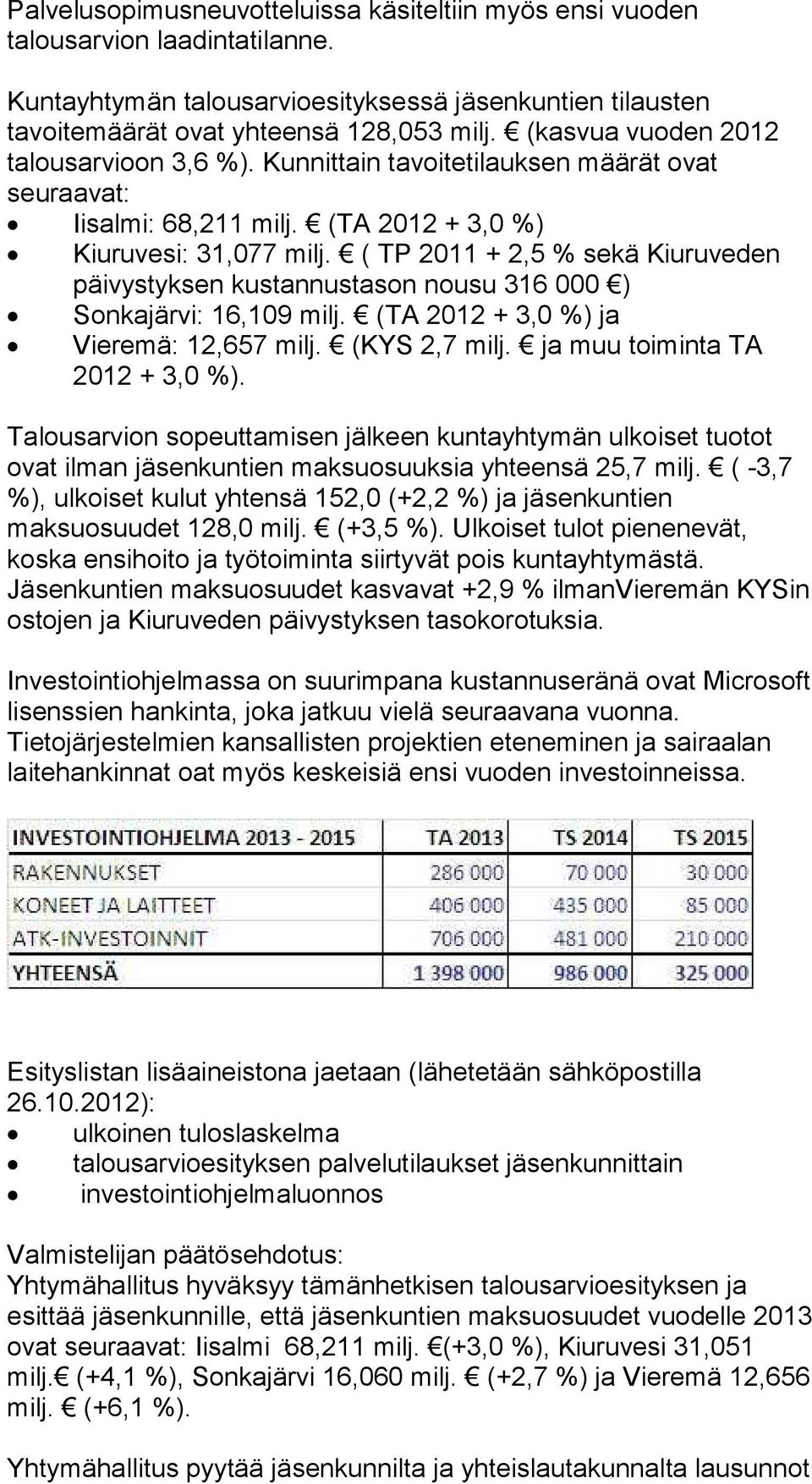 ( TP 2011 + 2,5 % sekä Kiuruveden päivystyksen kustannustason nousu 316 000 ) Sonkajärvi: 16,109 milj. (TA 2012 + 3,0 %) ja Vieremä: 12,657 milj. (KYS 2,7 milj. ja muu toiminta TA 2012 + 3,0 %).