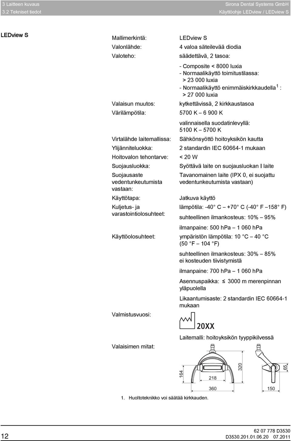Suojausluokka: Suojausaste vedentunkeutumista vastaan: Käyttötapa: Kuljetus- ja varastointiolosuhteet: LEDview S 4 valoa säteilevää diodia säädettävä, 2 tasoa: - Composite < 8000 luxia -