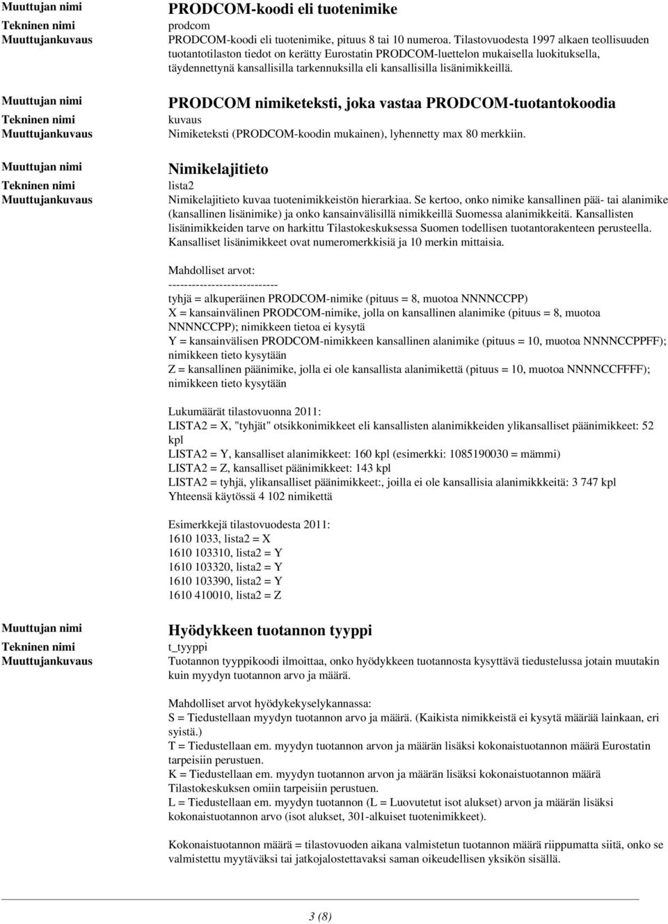 lisänimikkeillä. PRODCOM nimiketeksti, joka vastaa PRODCOM-tuotantokoodia kuvaus Nimiketeksti (PRODCOM-koodin mukainen), lyhennetty max 80 merkkiin.