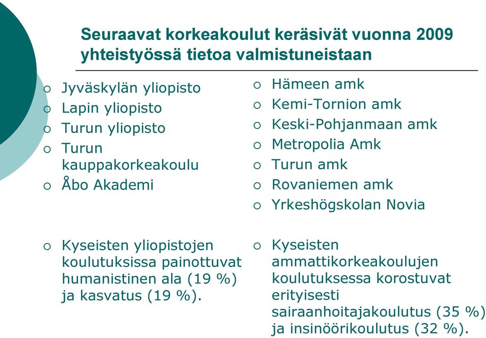 Rovaniemen amk Yrkeshögskolan Novia Kyseisten yliopistojen koulutuksissa painottuvat humanistinen ala (19 %) ja kasvatus (19