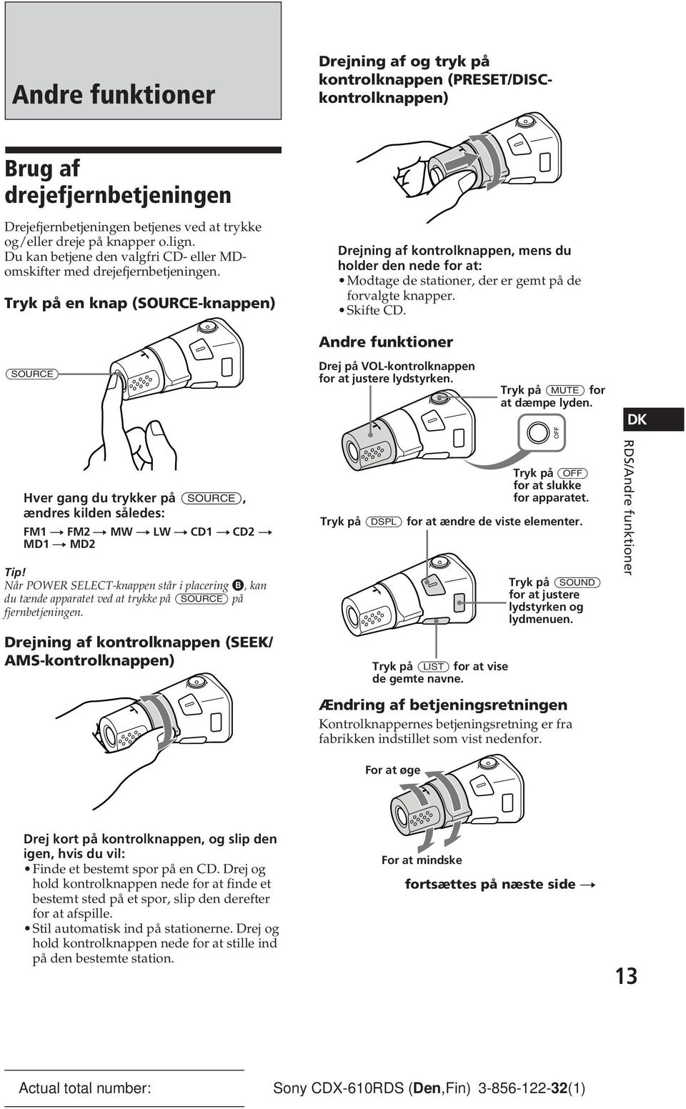 Tryk på en knap (SOURCE-knappen) Drejning af kontrolknappen, mens du holder den nede for at: Modtage de stationer, der er gemt på de forvalgte knapper. Skifte CD.