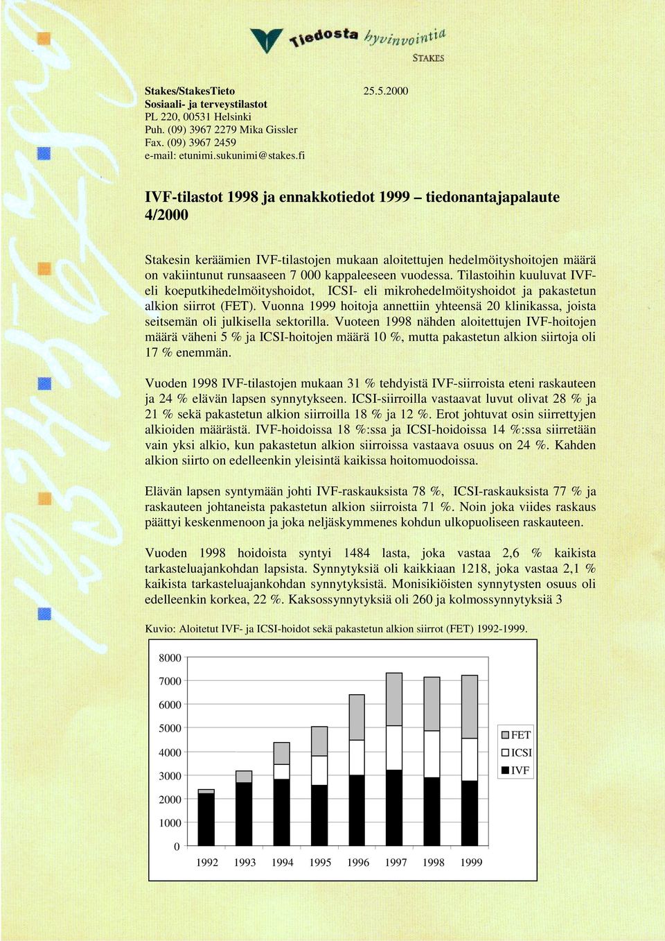 vuodessa. Tilastoihin kuuluvat IVFeli koeputkihedelmöityshoidot, ICSI- eli mikrohedelmöityshoidot ja pakastetun alkion siirrot (FET).