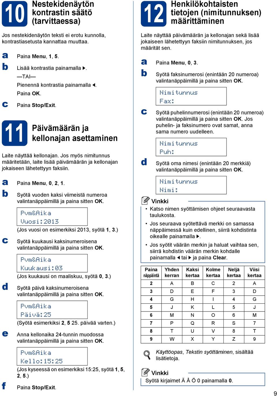 Jos myös nimitunnus määritetään, laite lisää päivämäärän ja kellonajan jokaiseen lähetettyyn faksiin. a Paina Menu, 0, 2, 1.