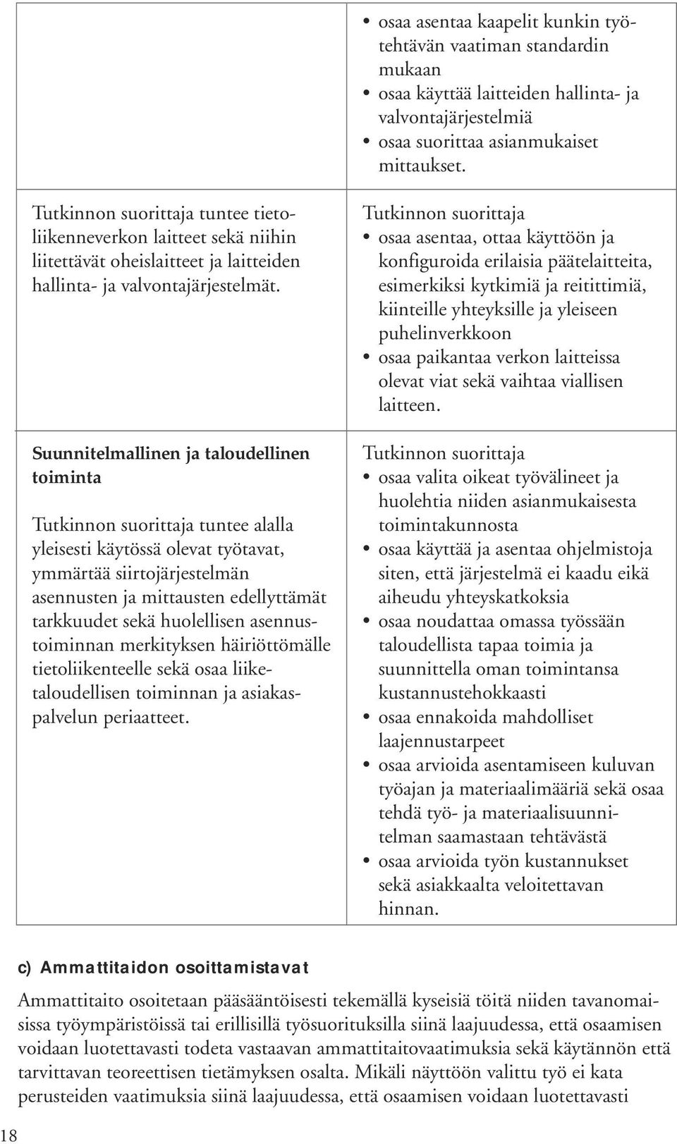 Suunnitelmallinen ja taloudellinen toiminta tuntee alalla yleisesti käytössä olevat työtavat, ymmärtää siirtojärjestelmän asennusten ja mittausten edellyttämät tarkkuudet sekä huolellisen