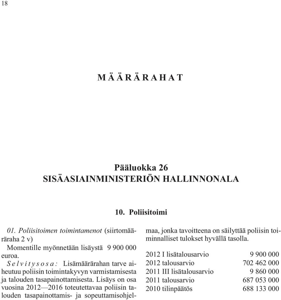 Selvitysosa: Lisämäärärahan tarve aiheutuu poliisin toimintakyvyn varmistamisesta ja talouden tasapainottamisesta.