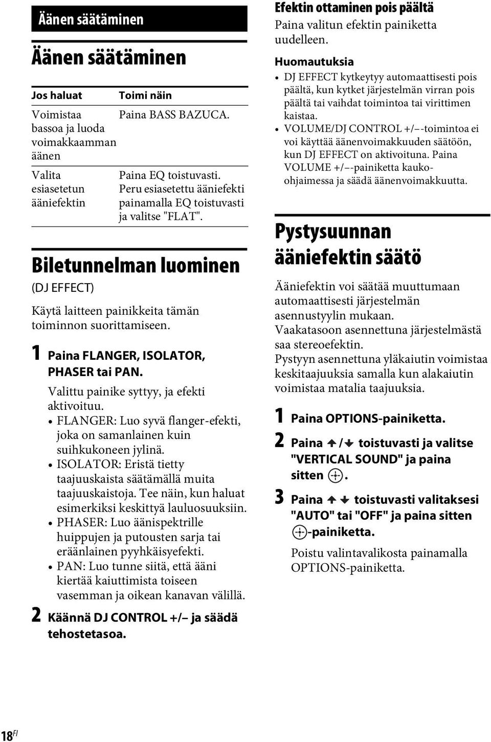 1 Paina FLANGER, ISOLATOR, PHASER tai PAN. Valittu painike syttyy, ja efekti aktivoituu. FLANGER: Luo syvä flanger-efekti, joka on samanlainen kuin suihkukoneen jylinä.