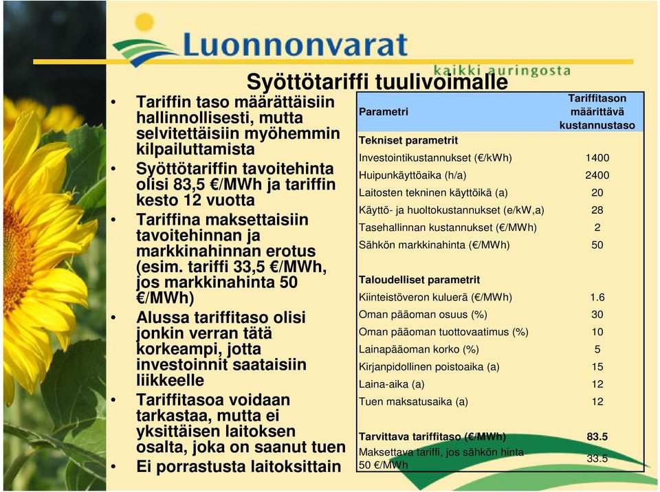 tariffi 33,5 /MWh, jos markkinahinta 50 /MWh) Alussa tariffitaso olisi jonkin verran tätä korkeampi, jotta investoinnit saataisiin liikkeelle Tariffitasoa voidaan tarkastaa, mutta ei yksittäisen