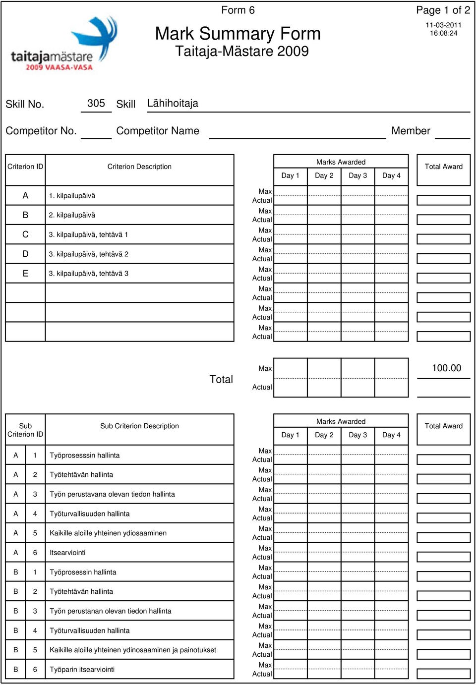 00 Sub Criterion Description s Day 1 Day 2 Day 3 Day 4 Total Award A 1 Työprosesssin hallinta A 2 Työtehtävän hallinta A 3 Työn perustavana olevan tiedon hallinta A 4 Työturvallisuuden hallinta A 5