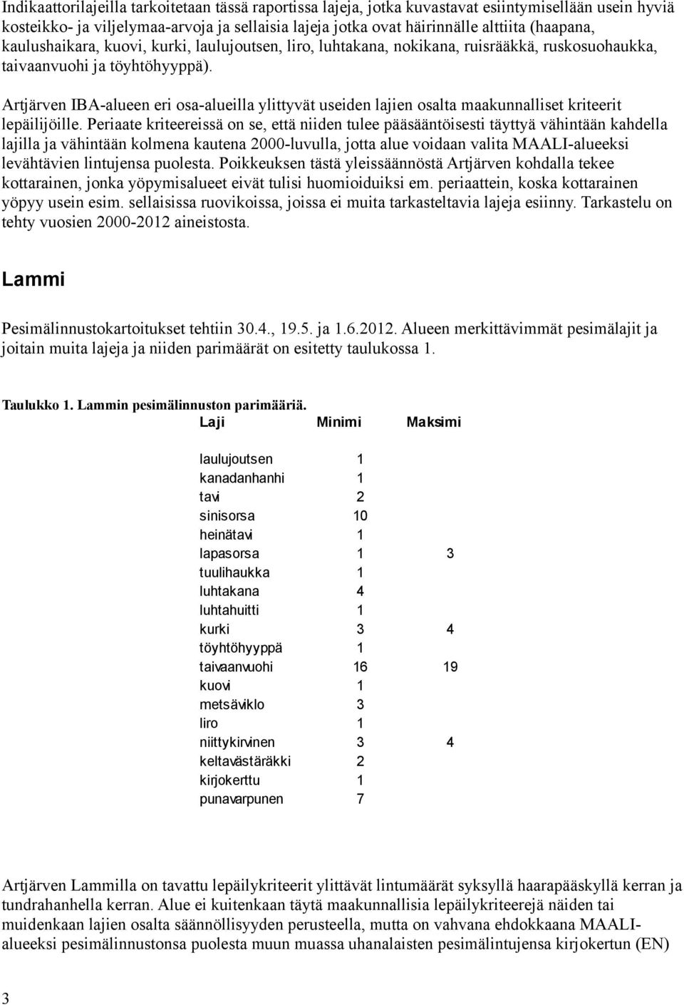 Artjärven IBA-alueen eri osa-alueilla ylittyvät useiden lajien osalta maakunnalliset kriteerit lepäilijöille.