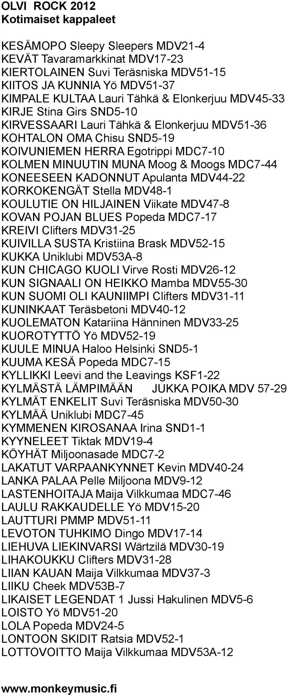 KORKOKENGÄT Stella MDV48-1 KOULUTIE ON HILJAINEN Viikate MDV47-8 KOVAN POJAN BLUES Popeda MDC7-17 KREIVI Clifters MDV31-25 KUIVILLA SUSTA Kristiina Brask MDV52-15 KUKKA Uniklubi MDV53A-8 KUN CHICAGO