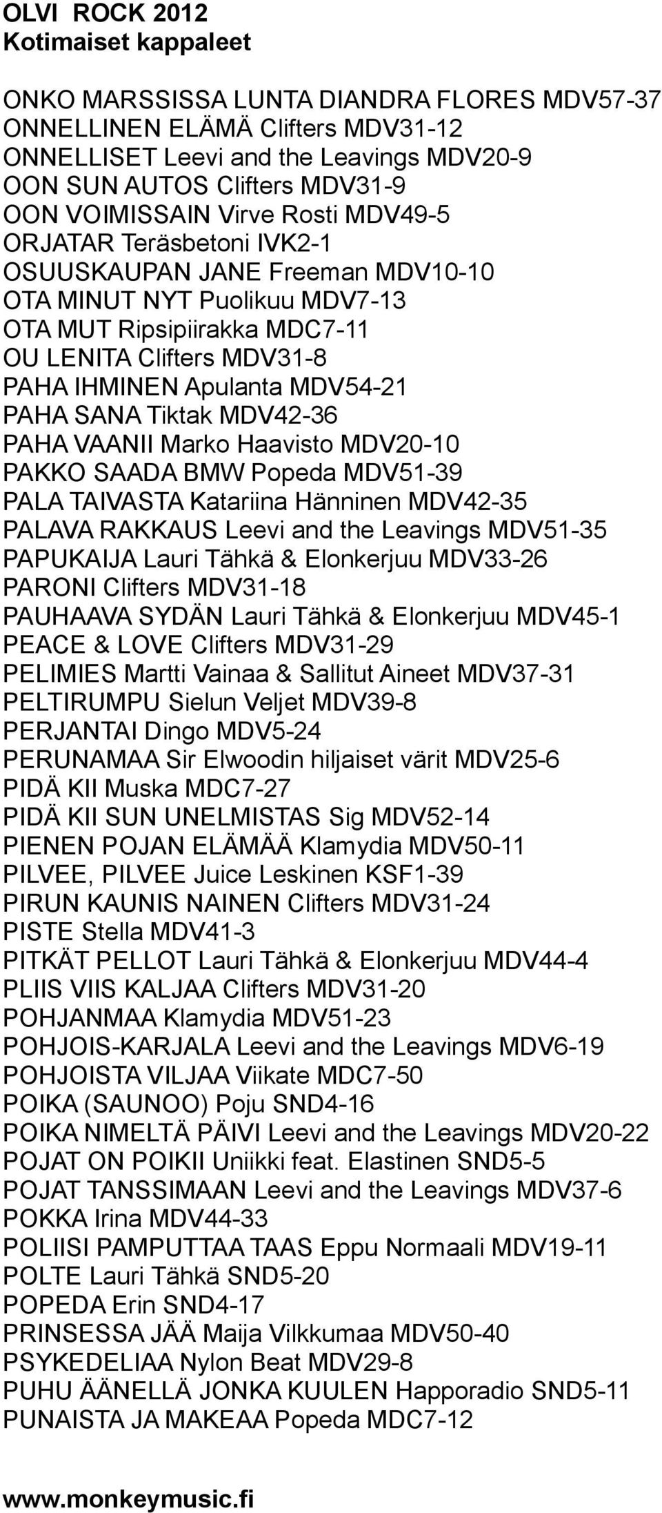 PAHA VAANII Marko Haavisto MDV20-10 PAKKO SAADA BMW Popeda MDV51-39 PALA TAIVASTA Katariina Hänninen MDV42-35 PALAVA RAKKAUS Leevi and the Leavings MDV51-35 PAPUKAIJA Lauri Tähkä & Elonkerjuu