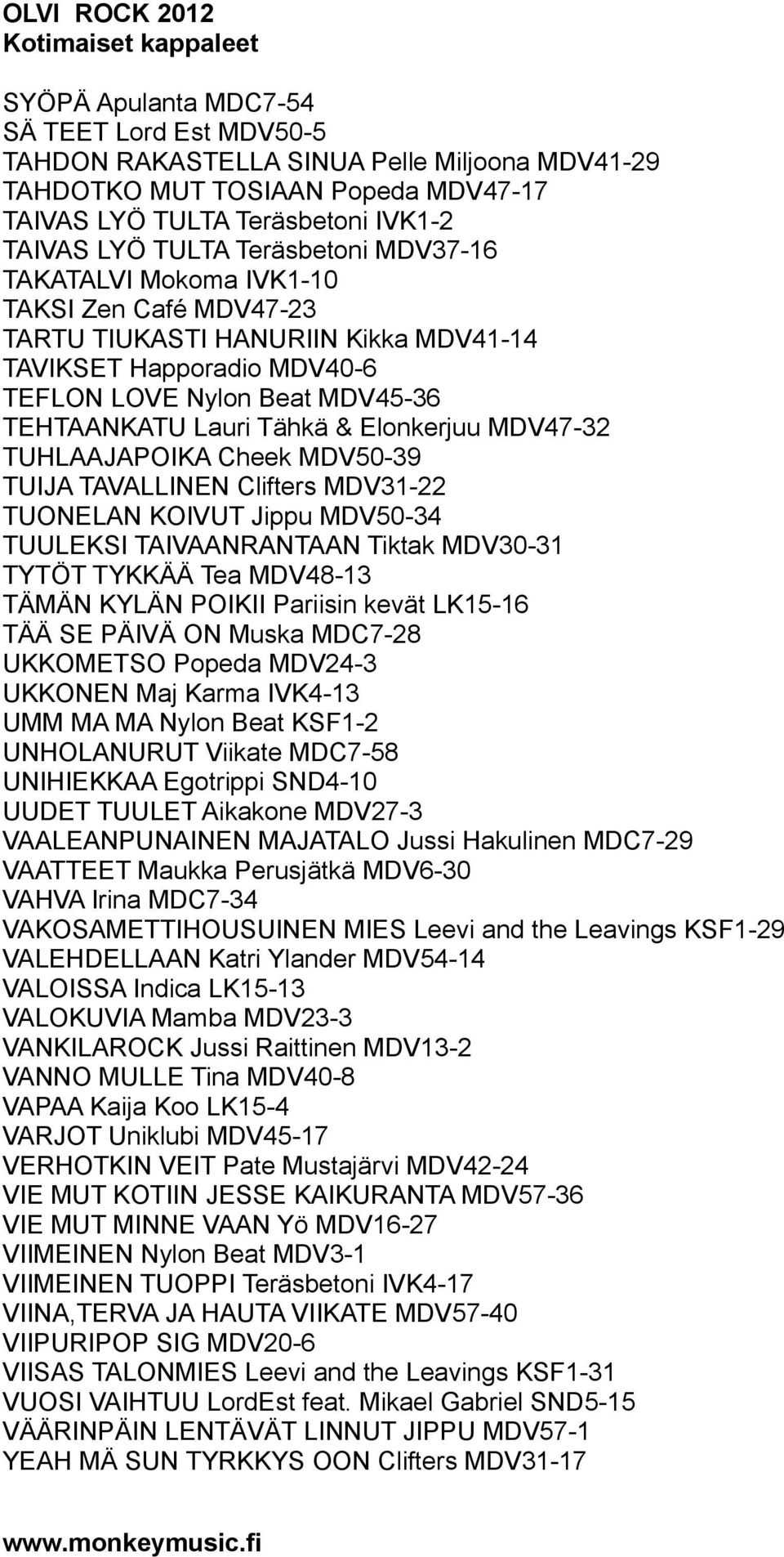 MDV47-32 TUHLAAJAPOIKA Cheek MDV50-39 TUIJA TAVALLINEN Clifters MDV31-22 TUONELAN KOIVUT Jippu MDV50-34 TUULEKSI TAIVAANRANTAAN Tiktak MDV30-31 TYTÖT TYKKÄÄ Tea MDV48-13 TÄMÄN KYLÄN POIKII Pariisin