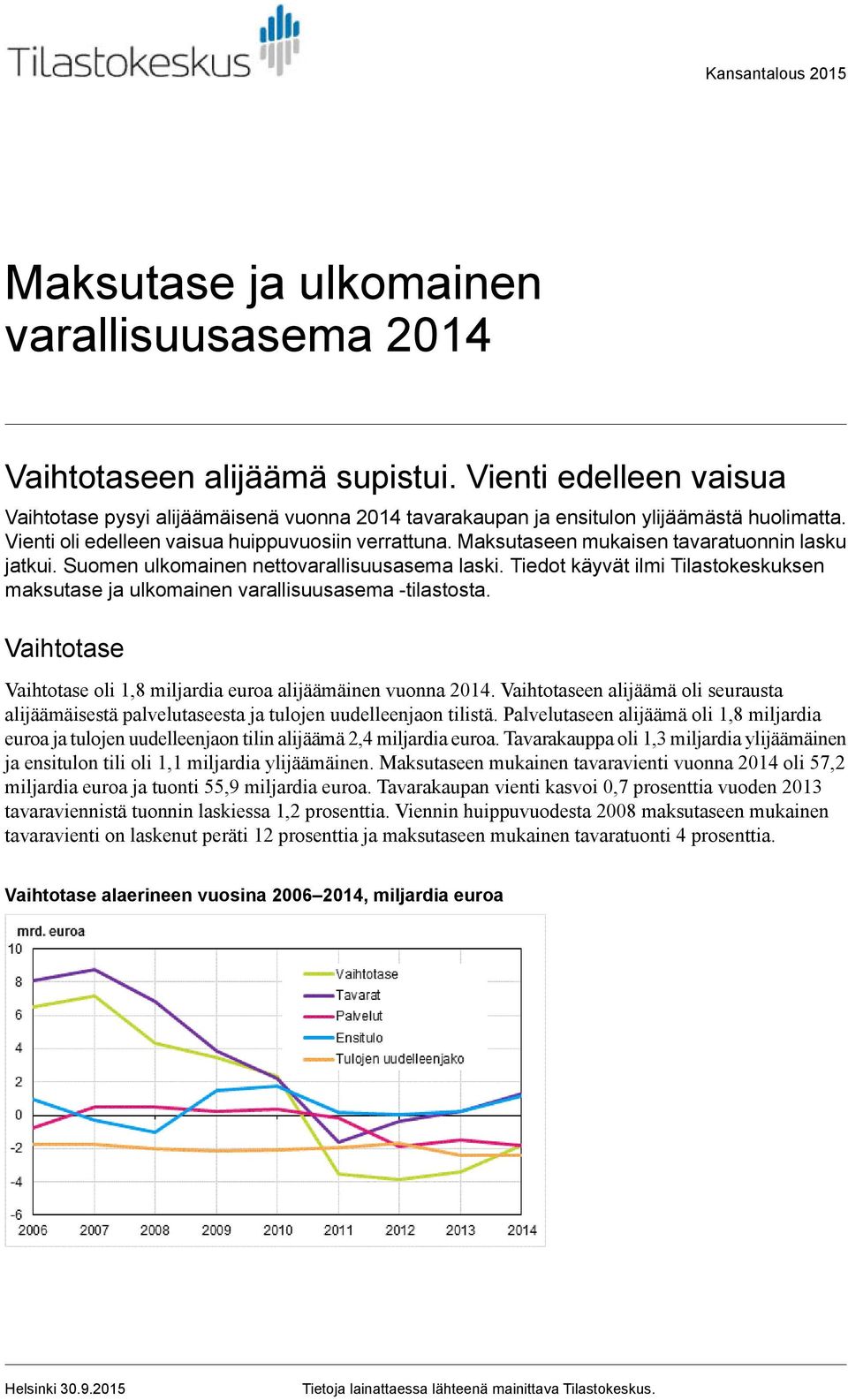 maksutase ja ulkomainen varallisuusasema -tilastosta Vaihtotase Vaihtotase oli 1,8 miljardia euroa alijäämäinen vuonna 2014 Vaihtotaseen alijäämä oli seurausta alijäämäisestä palvelutaseesta ja