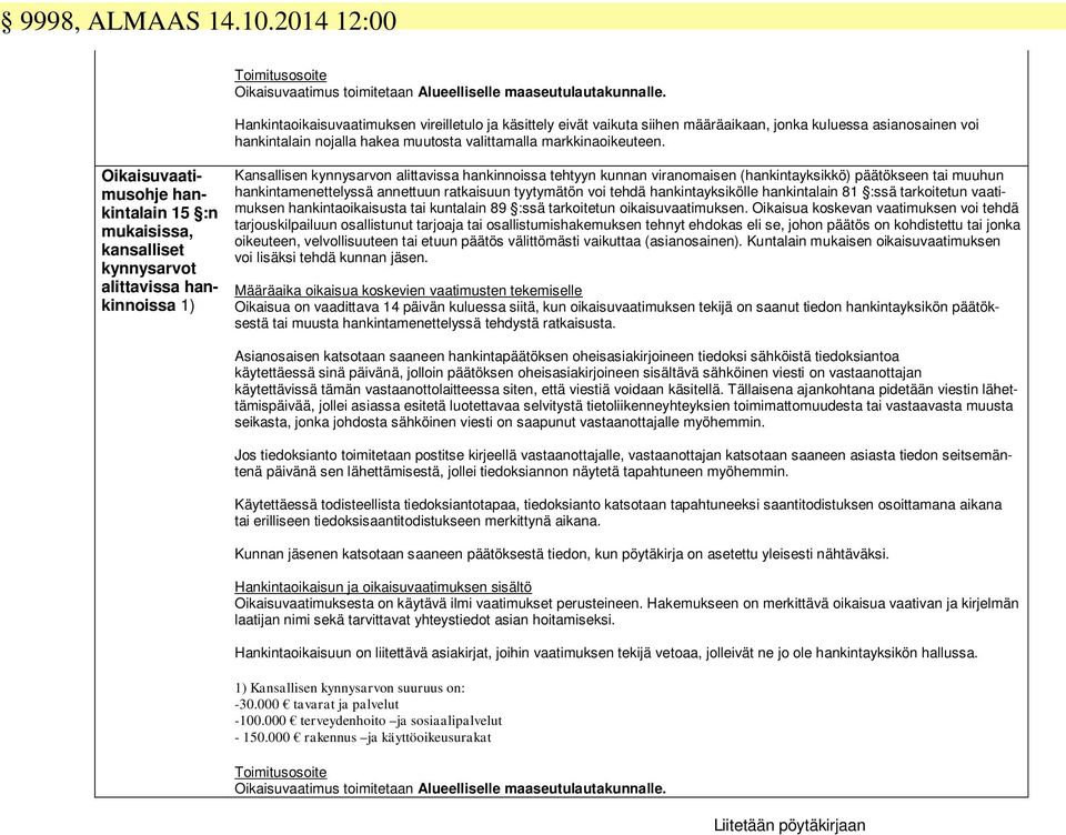 Oikaisuvaatimusohje hankintalain 15 :n mukaisissa, kansalliset kynnysarvot alittavissa hankinnoissa 1) Kansallisen kynnysarvon alittavissa hankinnoissa tehtyyn kunnan viranomaisen (hankintayksikkö)