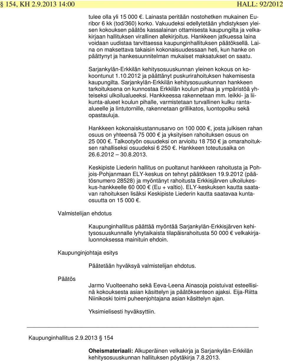 Hankkeen jatkuessa laina voidaan uudistaa tarvittaessa kaupunginhallituksen päätöksellä.