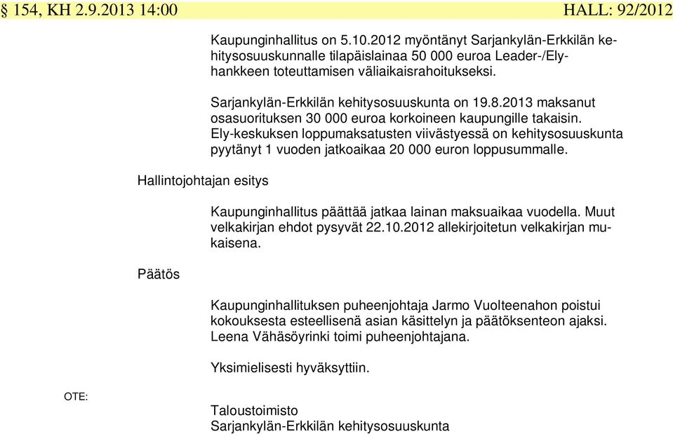 2013 maksanut osasuorituksen 30 000 euroa korkoineen kaupungille takaisin. Ely-keskuksen loppumaksatusten viivästyessä on kehitysosuuskunta pyytänyt 1 vuoden jatkoaikaa 20 000 euron loppusummalle.