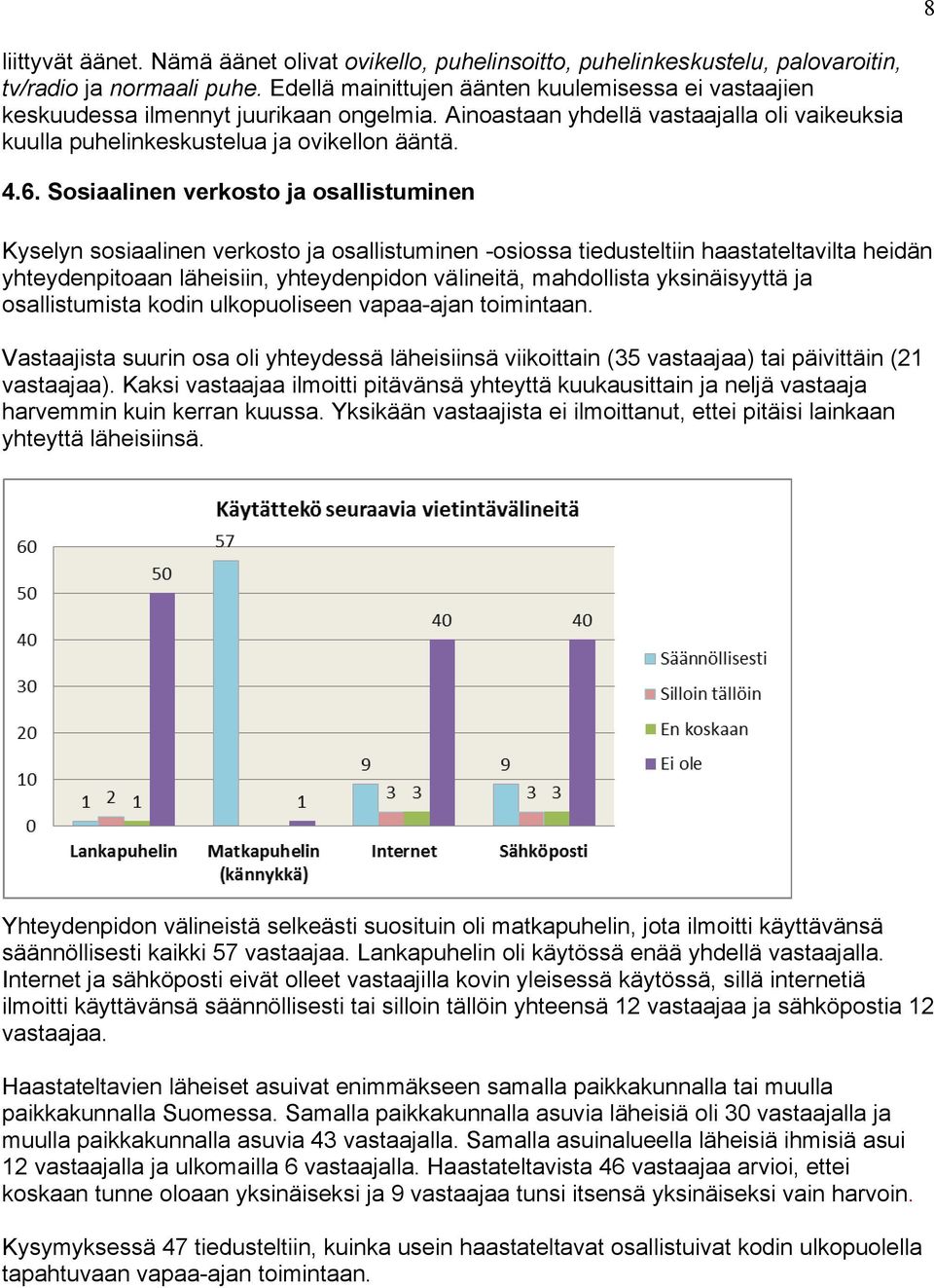 Sosiaalinen verkosto ja osallistuminen Kyselyn sosiaalinen verkosto ja osallistuminen -osiossa tiedusteltiin haastateltavilta heidän yhteydenpitoaan läheisiin, yhteydenpidon välineitä, mahdollista
