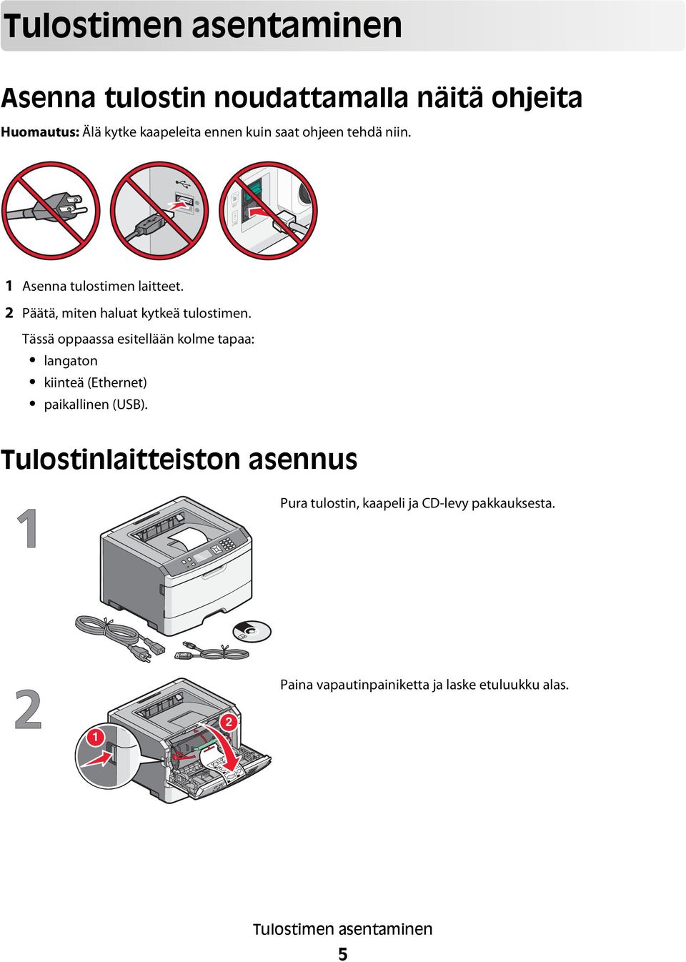 Tässä oppaassa esitellään kolme tapaa: langaton kiinteä (Ethernet) paikallinen (USB).