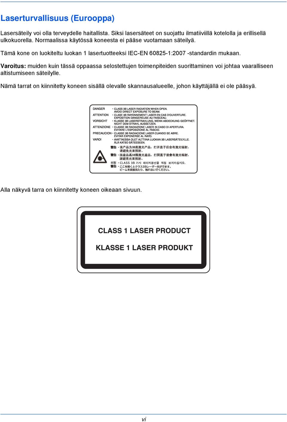 Tämä kone on luokiteltu luokan 1 lasertuotteeksi IEC-EN 60825-1:2007 -standardin mukaan.