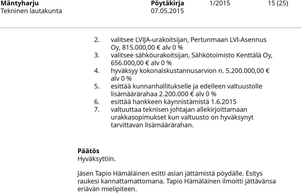 esittää kunnanhallitukselle ja edelleen valtuustolle lisämäärärahaa 2.200.000 alv 0 % 6. esittää hankkeen käynnistämistä 1.6.2015 7.