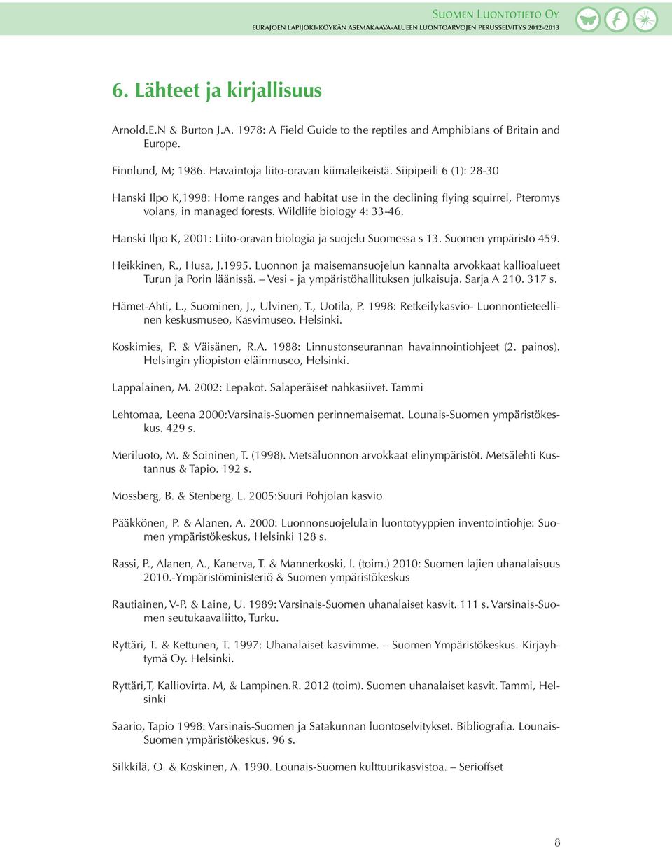 Hanski Ilpo K, 2001: Liito-oravan biologia ja suojelu Suomessa s 13. Suomen ympäristö 459. Heikkinen, R., Husa, J.1995.