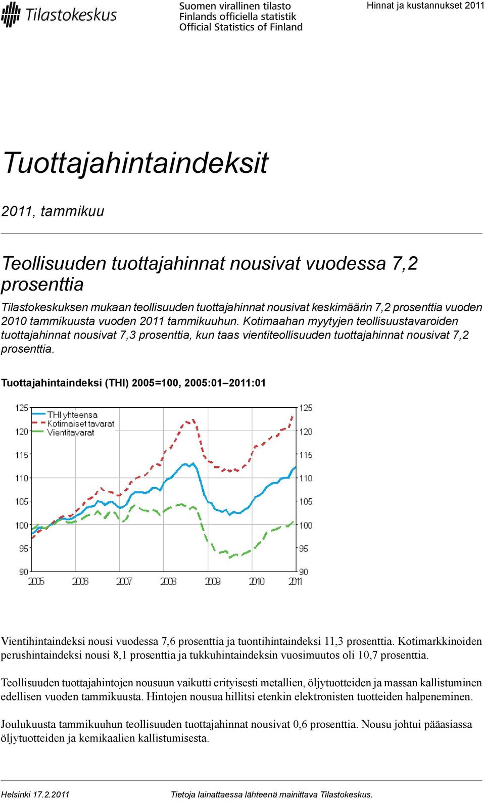 Kotimaahan myytyjen teollisuustavaroiden tuottajahinnat nousivat 7,3 prosenttia, kun taas vientiteollisuuden tuottajahinnat nousivat 7,2 prosenttia.