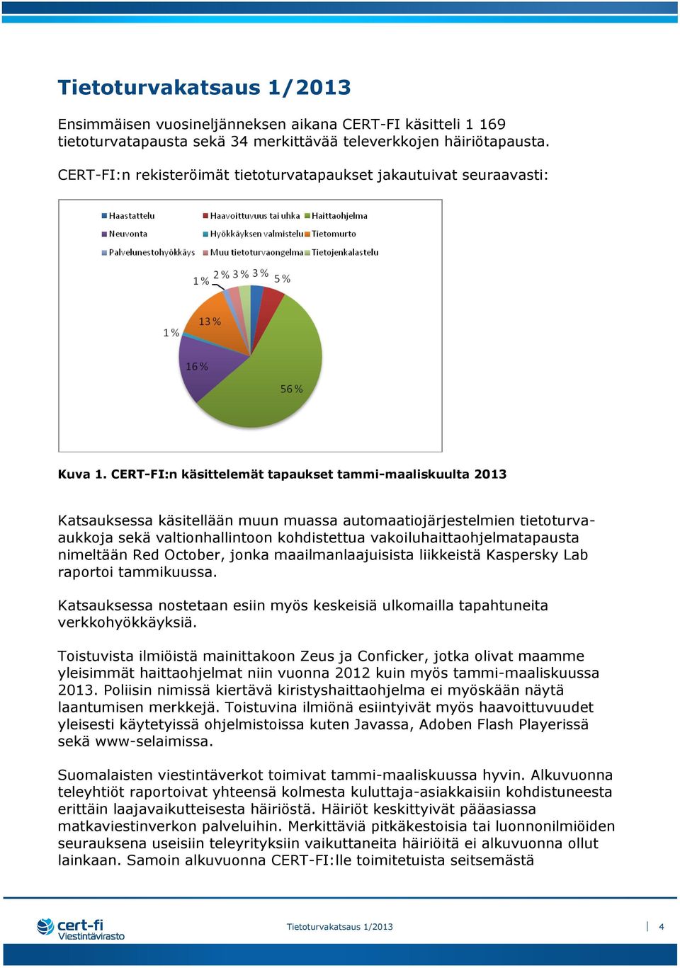 CERT-FI:n käsittelemät tapaukset tammi-maaliskuulta 2013 Katsauksessa käsitellään muun muassa automaatiojärjestelmien tietoturvaaukkoja sekä valtionhallintoon kohdistettua