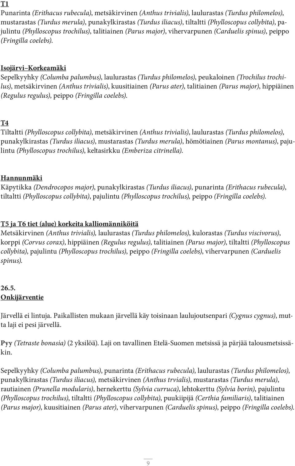 Isojärvi Korkeamäki Sepelkyyhky (Columba palumbus), laulurastas (Turdus philomelos), peukaloinen (Trochilus trochilus), metsäkirvinen (Anthus trivialis), kuusitiainen (Parus ater), talitiainen (Parus