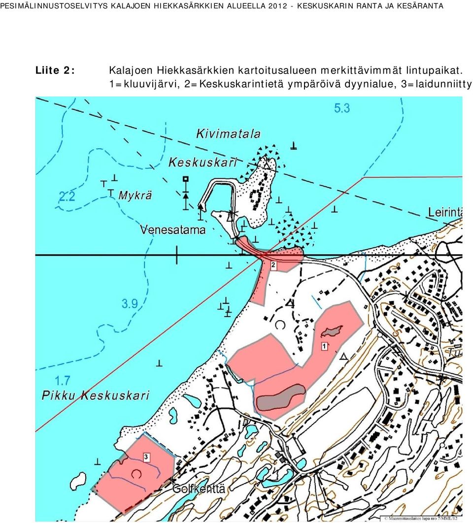 Hiekkasärkkien kartoitusalueen merkittävimmät lintupaikat.